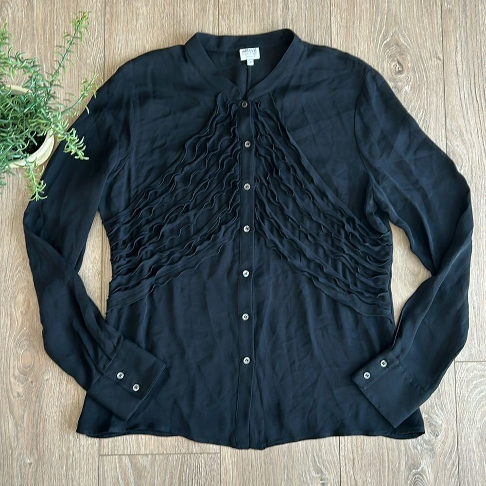 ARMANI COLLEZIONI ITALIAN 100% SILK LONG SLEEVE BLOUSE WITH RUFFLES RETAILS $925